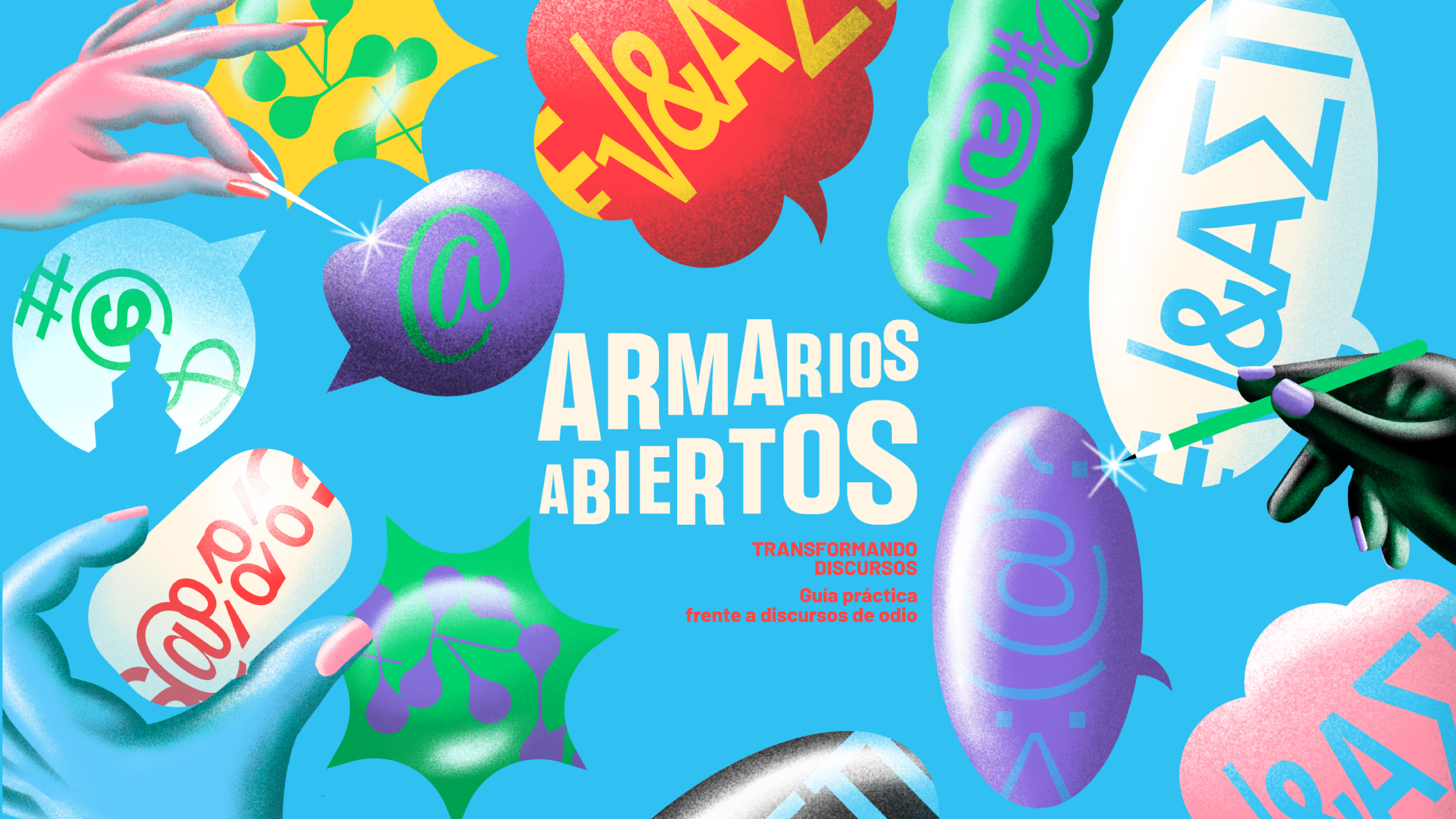 Dibujo multicolor que representa distintas manos dibujando o sosteniendo diversos íconos digitales y numéricos como arroba, símbolo de número, ...